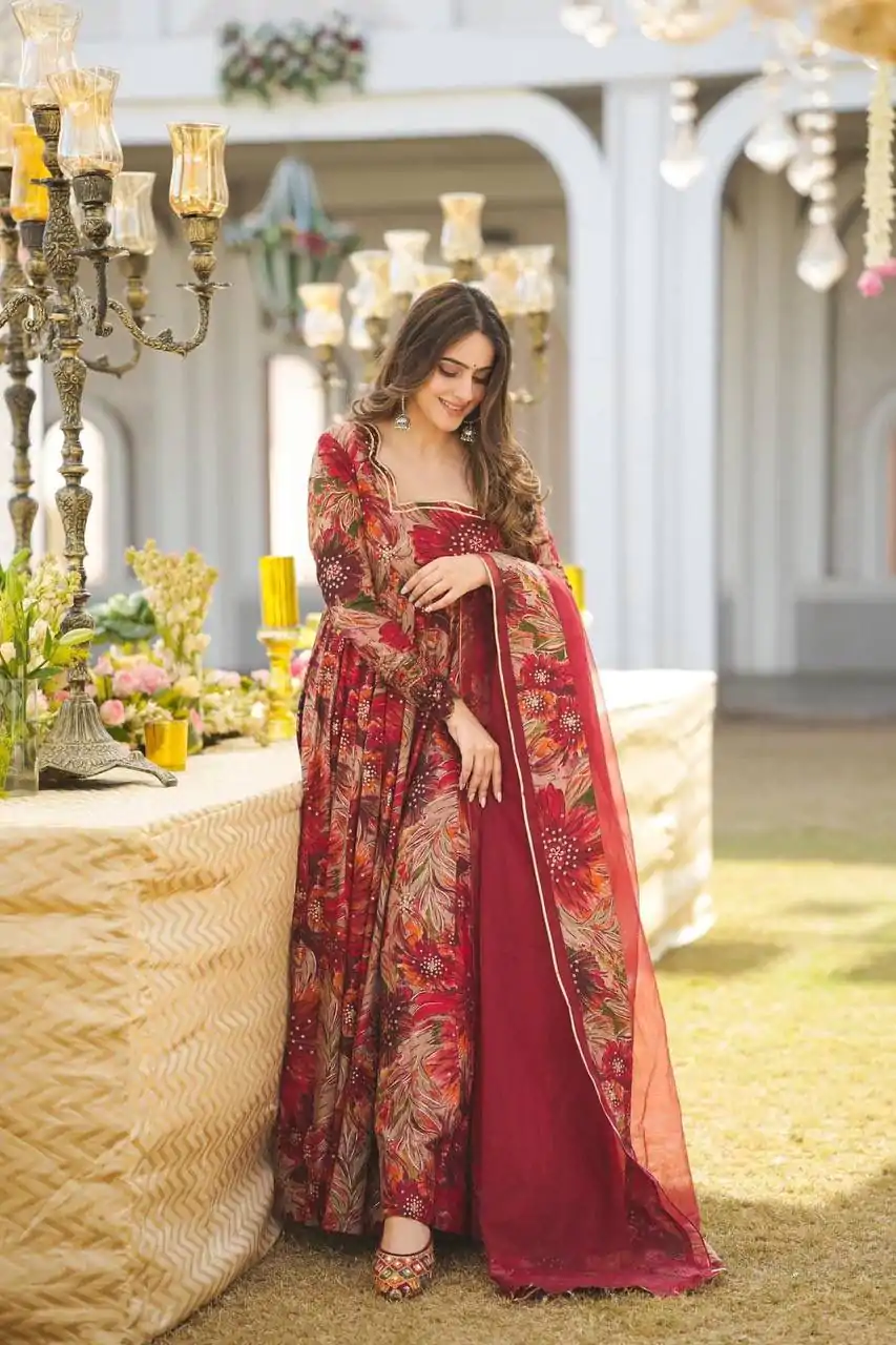 DC G41 Red Color Rayon Digital Printed Full Sleeves Gown Casual, Wedding, Party, Festive, Events Etc. Expected Delivery 4-6 Working Days @1949/- | Gowns, Bollywood Gowns, Creative Gowns, Designer Gowns, Embroidered Gowns, Party Wear Gowns