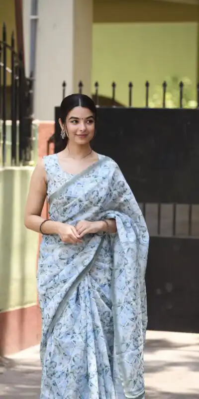Veechis 110 Light Blue Color Linen Beautiful Digital Printed Work Saree Casual, Party Festive, Events. Expected Delivery 4-6 Working Days @1549/- | Sarees, Bollywood Sarees, Creative Sarees, Designer Sarees, Embroidered Sarees, Modern Digital sarees, Party Wear Sarees