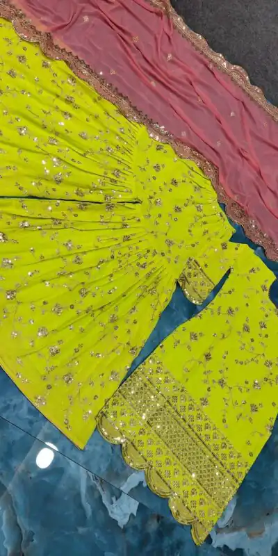 SR 1442 Parrot Green Color Heavy Georgette Embroidery Work Sharara Suit Wedding, Party, Festive, Events Etc. Expected Delivery 4-6 Working Days @1949/- | Salwar suit, Designer Suits, Casual Suits, Creative suits, Palazzo Suits, Party Wear Suits, Straight Suits