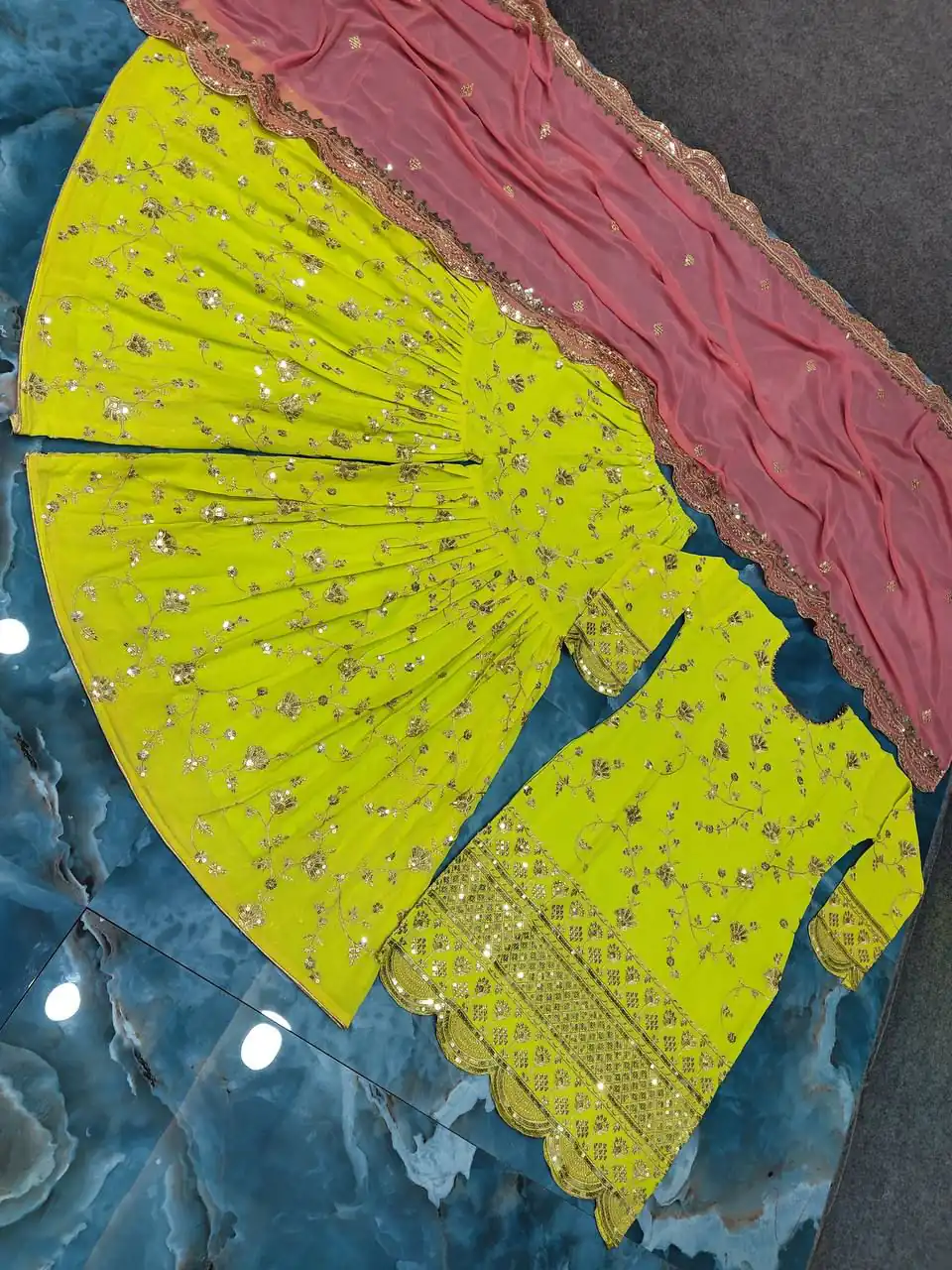 SR 1442 Parrot Green Color Heavy Georgette Embroidery Work Sharara Suit Wedding, Party, Festive, Events Etc. Expected Delivery 4-6 Working Days @1949/- | Salwar suit, Designer Suits, Casual Suits, Creative suits, Palazzo Suits, Party Wear Suits, Straight Suits