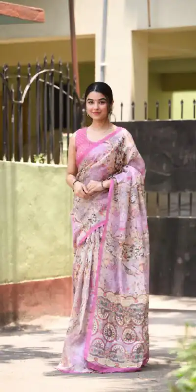 Veechis 110 Pink Color Linen Beautiful Digital Printed Work Saree Casual, Party Festive, Events. Expected Delivery 4-6 Working Days @1549/- | Sarees, Bollywood Sarees, Creative Sarees, Designer Sarees, Embroidered Sarees, Modern Digital sarees, Party Wear Sarees