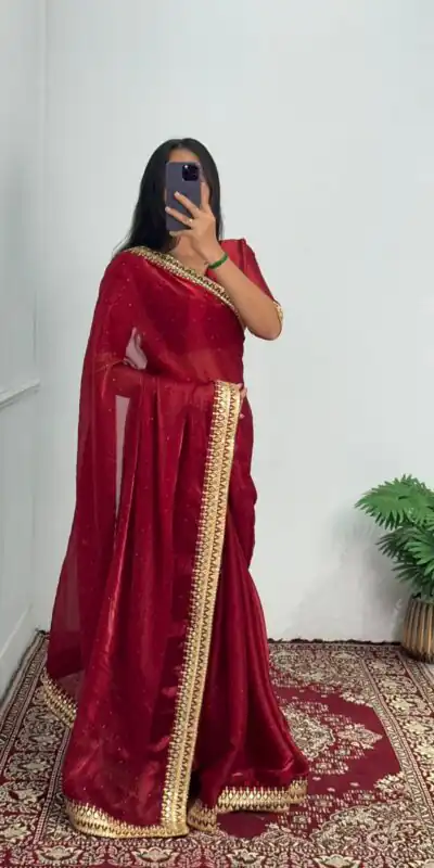 ST 470 Red Color Burberry Foil And Zari Embroidery Work Saree Casual, Wedding, Party, Festive, Events Etc. Expected Delivery 4-6 Working Days @1799/- | Sarees, Bollywood Sarees, Creative Sarees, Designer Sarees, Embroidered Sarees, Ethnic Saree, Modern Digital sarees, Party Wear Sarees