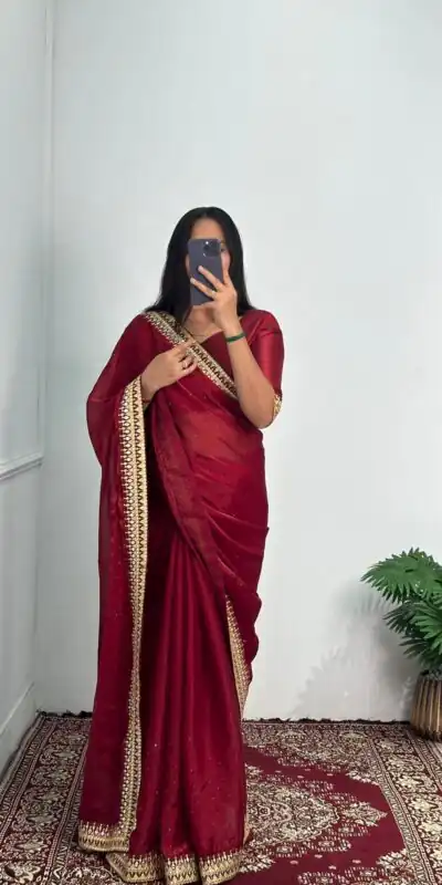 ST 470 Red Color Burberry Foil And Zari Embroidery Work Saree Casual, Wedding, Party, Festive, Events Etc. Expected Delivery 4-6 Working Days @1799/- | Sarees, Bollywood Sarees, Creative Sarees, Designer Sarees, Embroidered Sarees, Ethnic Saree, Modern Digital sarees, Party Wear Sarees