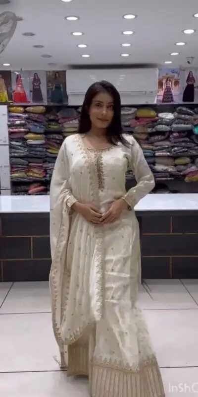 SSR 464 White Chinnon Silk Embroidery Sequins Sharara Suit Wedding, Party, Festive, Events Etc.   Expected Delivery 4-6 Working Days @2099/- | Salwar suit, Designer Suits, Casual Suits, Creative suits, Palazzo Suits, Party Wear Suits, Straight Suits