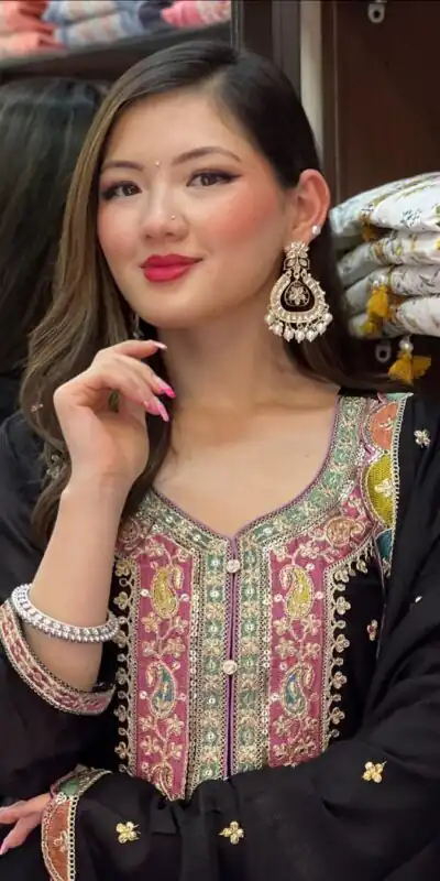 ZF 377 Black Color Chinnon Silk Embroidery Sequence Salwar Suit Casual, Wedding, Party, Events Etc. Expected Delivery 4-6 Working Days 2499/- | Jump Suits, Salwar suit, Designer Suits, Casual Suits, Creative suits, Palazzo Suits, Party Wear Suits, Patiala Suits, Straight Suits