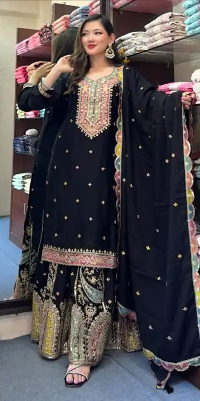 ZF 377 Black Color Chinnon Silk Embroidery Sequence Salwar Suit Casual, Wedding, Party, Events Etc. Expected Delivery 4-6 Working Days 2499/- | Jump Suits, Salwar suit, Designer Suits, Casual Suits, Creative suits, Palazzo Suits, Party Wear Suits, Patiala Suits, Straight Suits