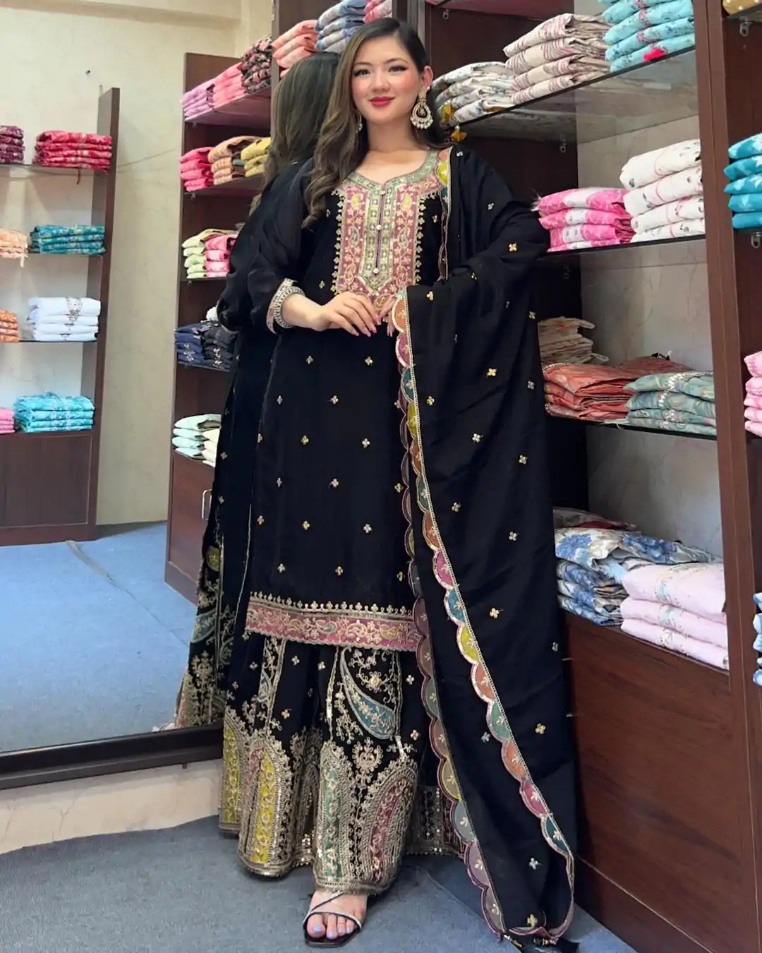 ZF 377 Black Color Chinnon Silk Embroidery Sequence Salwar Suit Casual, Wedding, Party, Events Etc. Expected Delivery 4-6 Working Days 2499/- | Jump Suits, Salwar suit, Designer Suits, Casual Suits, Creative suits, Palazzo Suits, Party Wear Suits, Patiala Suits, Straight Suits