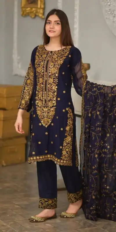 ZF 369 navy Blue Color Faux Georgette Embroidery Sequence Work Salwar Suit Casual, Wedding, Party, Events Etc. Expected Delivery 4-6 Working Days 2149/- | Jump Suits, Salwar suit, Designer Suits, Casual Suits, Creative suits, Palazzo Suits, Party Wear Suits, Patiala Suits, Straight Suits