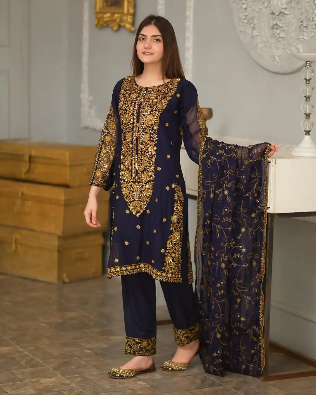 ZF 369 navy Blue Color Faux Georgette Embroidery Sequence Work Salwar Suit Casual, Wedding, Party, Events Etc. Expected Delivery 4-6 Working Days 2149/- | Jump Suits, Salwar suit, Designer Suits, Casual Suits, Creative suits, Palazzo Suits, Party Wear Suits, Patiala Suits, Straight Suits
