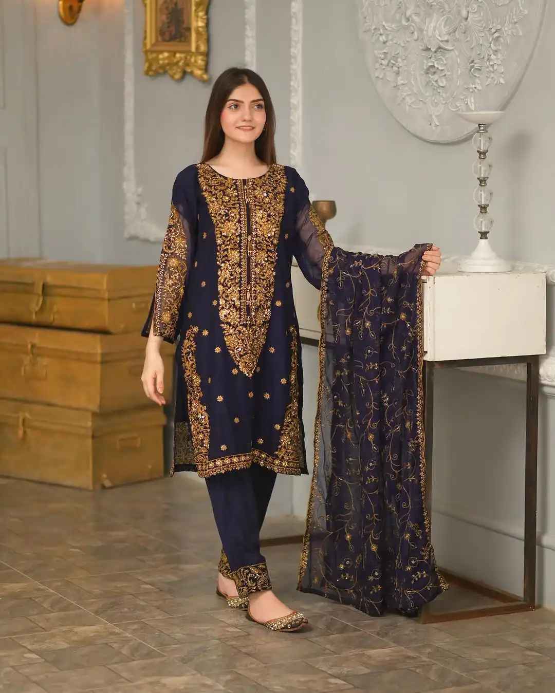 ZF 369 navy Blue Color Faux Georgette Embroidery Sequence Work Salwar Suit Casual, Wedding, Party, Events Etc. Expected Delivery 4-6 Working Days 2149/- | Jump Suits, Salwar suit, Designer Suits, Casual Suits, Creative suits, Palazzo Suits, Party Wear Suits, Patiala Suits, Straight Suits