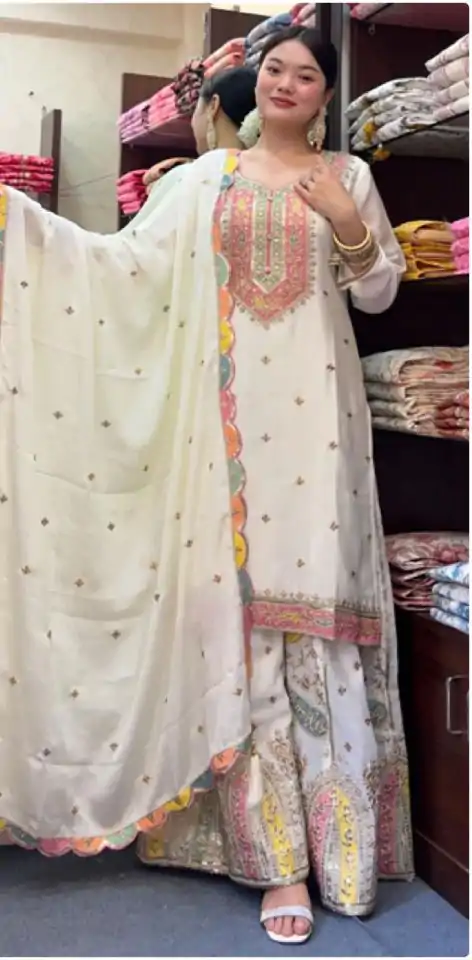 ZF 377 White Color Chinnon Silk Embroidery Sequence Salwar Suit Casual, Wedding, Party, Events Etc. Expected Delivery 4-6 Working Days 2499/- | Jump Suits, Salwar suit, Designer Suits, Casual Suits, Creative suits, Palazzo Suits, Party Wear Suits, Patiala Suits, Straight Suits