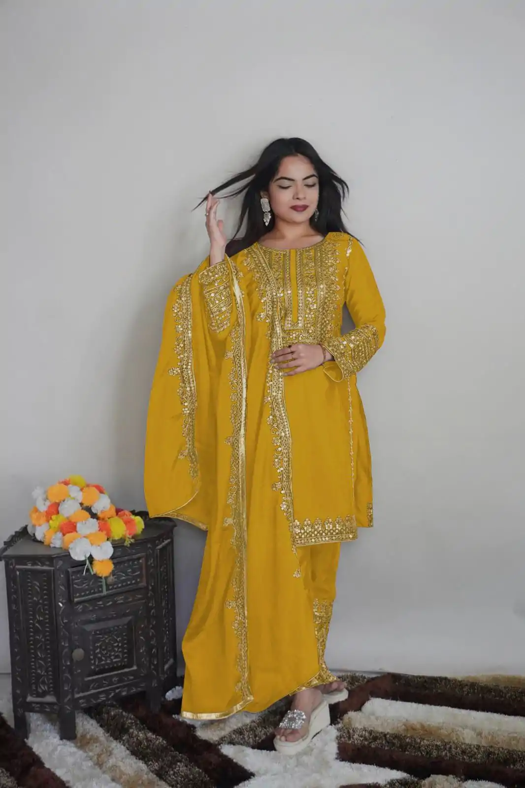 SRK 5151 Yellow Color Pure Chinnon Silk Embroidery Sequence Salwar Suit Wedding, Party, Festive, Events Expected Delivery 4-6 Working Days @ 1949/- | Jump Suits, Salwar suit, Designer Suits, Casual Suits, Creative suits, Palazzo Suits, Party Wear Suits, Patiala Suits, Straight Suits