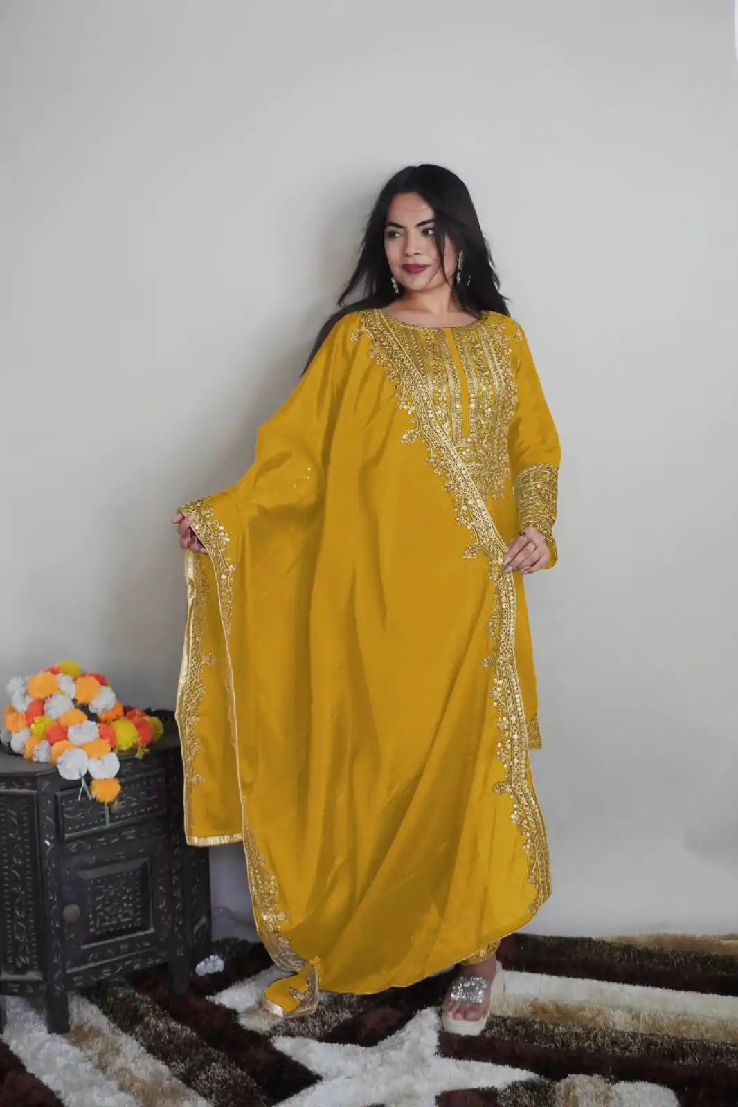 SRK 5151 Yellow Color Pure Chinnon Silk Embroidery Sequence Salwar Suit Wedding, Party, Festive, Events Expected Delivery 4-6 Working Days @ 1949/- | Jump Suits, Salwar suit, Designer Suits, Casual Suits, Creative suits, Palazzo Suits, Party Wear Suits, Patiala Suits, Straight Suits