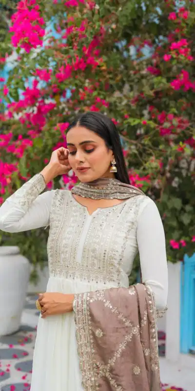 AD157 White & Beige Color Chinon Silk Embroidery Sequence Salwar Suit Wedding, Party, Festive, Events Expected Delivery 4-6 Working Days @ 2099/- | Salwar suit, Designer Suits, Casual Suits, Creative suits, Palazzo Suits, Party Wear Suits, Patiala Suits, Straight Suits
