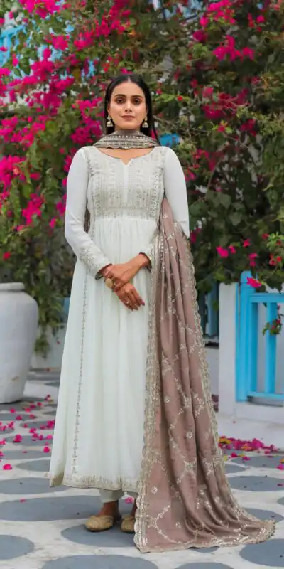 AD157 White & Beige Color Chinon Silk Embroidery Sequence Salwar Suit Wedding, Party, Festive, Events Expected Delivery 4-6 Working Days @ 2099/- | Salwar suit, Designer Suits, Casual Suits, Creative suits, Palazzo Suits, Party Wear Suits, Patiala Suits, Straight Suits