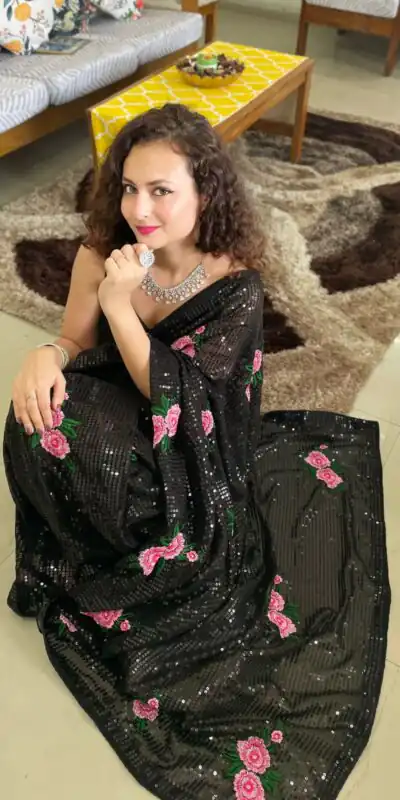 AC SEQUENCE Black Color Georgette Sequence Multi Thread Work Saree Casual, Wedding, Festive, Events Expected Delivery 4-6 Working Days @1899 /- | Sarees, Bollywood Sarees, Creative Sarees, Designer Sarees, Embroidered Sarees, Ethnic Saree, Modern Digital sarees, Party Wear Sarees