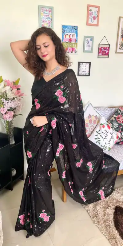 AC SEQUENCE Black Color Georgette Sequence Multi Thread Work Saree Casual, Wedding, Festive, Events Expected Delivery 4-6 Working Days @1899 /- | Sarees, Bollywood Sarees, Creative Sarees, Designer Sarees, Embroidered Sarees, Ethnic Saree, Modern Digital sarees, Party Wear Sarees