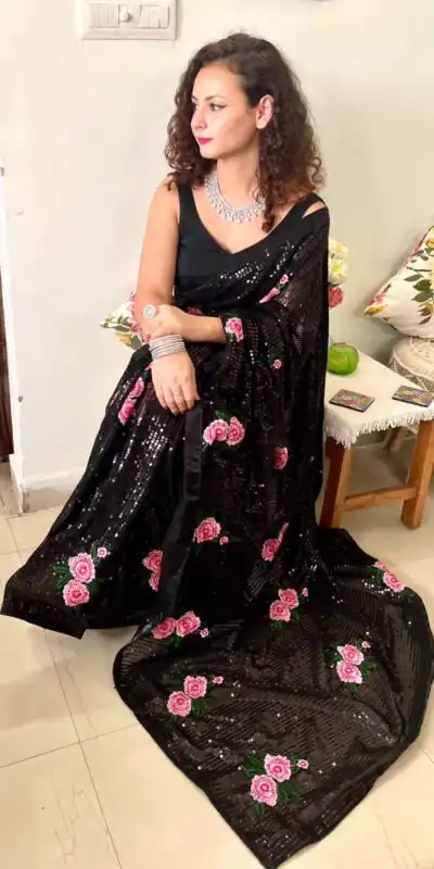 AC SEQUENCE Black Color Georgette Sequence Multi Thread Work Saree Casual, Wedding, Festive, Events Expected Delivery 4-6 Working Days @1899 /- | Sarees, Bollywood Sarees, Creative Sarees, Designer Sarees, Embroidered Sarees, Ethnic Saree, Modern Digital sarees, Party Wear Sarees