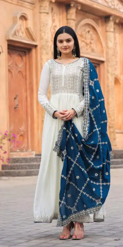 AD157 White & Blue Color Chinon Silk Embroidery Sequence Salwar Suit Wedding, Party, Festive, Events Expected Delivery 4-6 Working Days @ 2099/- | Salwar suit, Designer Suits, Casual Suits, Creative suits, Palazzo Suits, Party Wear Suits, Patiala Suits, Straight Suits