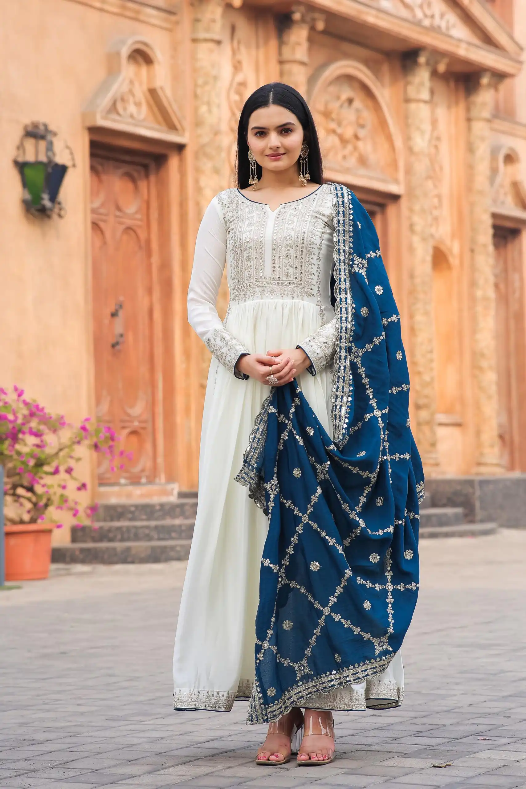 AD157 White & Blue Color Chinon Silk Embroidery Sequence Salwar Suit Wedding, Party, Festive, Events Expected Delivery 4-6 Working Days @ 2099/- | Salwar suit, Designer Suits, Casual Suits, Creative suits, Palazzo Suits, Party Wear Suits, Patiala Suits, Straight Suits