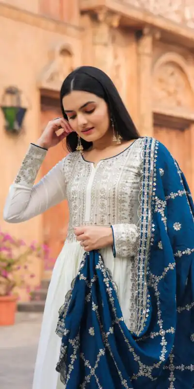 AD157 White & Blue Color Chinon Silk Embroidery Sequence Salwar Suit Wedding, Party, Festive, Events Expected Delivery 4-6 Working Days @ 2099/- | Salwar suit, Designer Suits, Casual Suits, Creative suits, Palazzo Suits, Party Wear Suits, Patiala Suits, Straight Suits