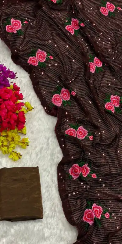 AC SEQUENCE Coffee Color Georgette Sequence Multi Thread Work Saree Casual, Wedding, Festive, Events Expected Delivery 4-6 Working Days @1899 /- | Sarees, Bollywood Sarees, Creative Sarees, Designer Sarees, Embroidered Sarees, Ethnic Saree, Modern Digital sarees, Party Wear Sarees
