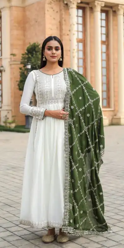 AD157 White & Green Color Chinon Silk Embroidery Sequence Salwar Suit Wedding, Party, Festive, Events Expected Delivery 4-6 Working Days @ 2099/- | Salwar suit, Designer Suits, Casual Suits, Creative suits, Palazzo Suits, Party Wear Suits, Patiala Suits, Straight Suits