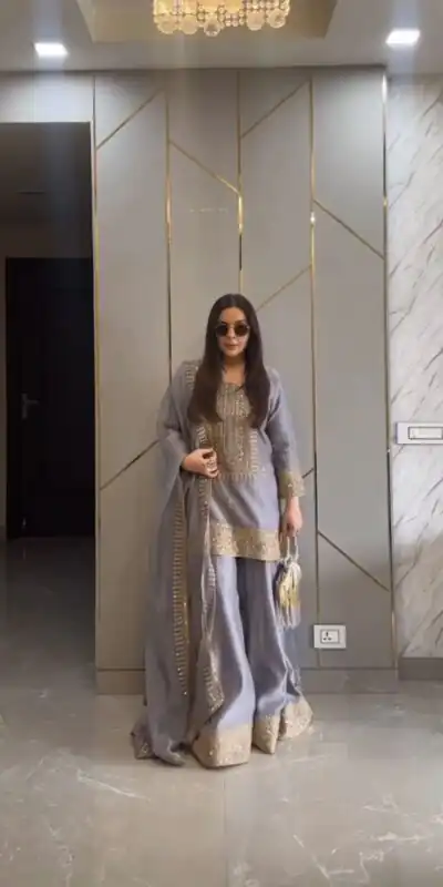 ZF 374 Grey Color Chinnon Silk Embroidery Sequence Salwar Suit Casual, Wedding, Party, Events Etc. Expected Delivery 4-6 Working Days 2099/- | Jump Suits, Salwar suit, Designer Suits, Casual Suits, Creative suits, Palazzo Suits, Party Wear Suits, Patiala Suits, Straight Suits