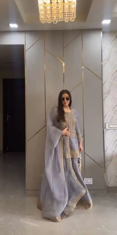 ZF 374 Grey Color Chinnon Silk Embroidery Sequence Salwar Suit Casual, Wedding, Party, Events Etc. Expected Delivery 4-6 Working Days 2099/- | Jump Suits, Salwar suit, Designer Suits, Casual Suits, Creative suits, Palazzo Suits, Party Wear Suits, Patiala Suits, Straight Suits