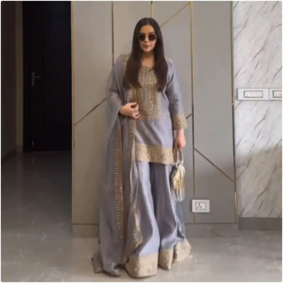 ZF 374 Grey Color Chinnon Silk Embroidery Sequence Salwar Suit Casual, Wedding, Party, Events Etc. Expected Delivery 4-6 Working Days 2099/- | Jump Suits, Salwar suit, Designer Suits, Casual Suits, Creative suits, Palazzo Suits, Party Wear Suits, Patiala Suits, Straight Suits