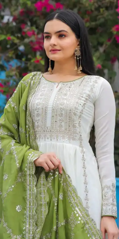AD157 White & Olive Green Color Chinon Silk Embroidery Sequence Salwar Suit Wedding, Party, Festive, Events Expected Delivery 4-6 Working Days @ 2099/- | Salwar suit, Designer Suits, Casual Suits, Creative suits, Palazzo Suits, Party Wear Suits, Patiala Suits, Straight Suits