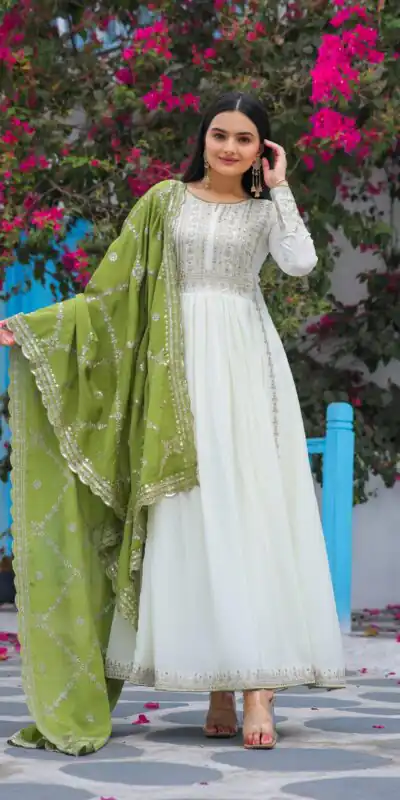 AD157 White & Olive Green Color Chinon Silk Embroidery Sequence Salwar Suit Wedding, Party, Festive, Events Expected Delivery 4-6 Working Days @ 2099/- | Salwar suit, Designer Suits, Casual Suits, Creative suits, Palazzo Suits, Party Wear Suits, Patiala Suits, Straight Suits