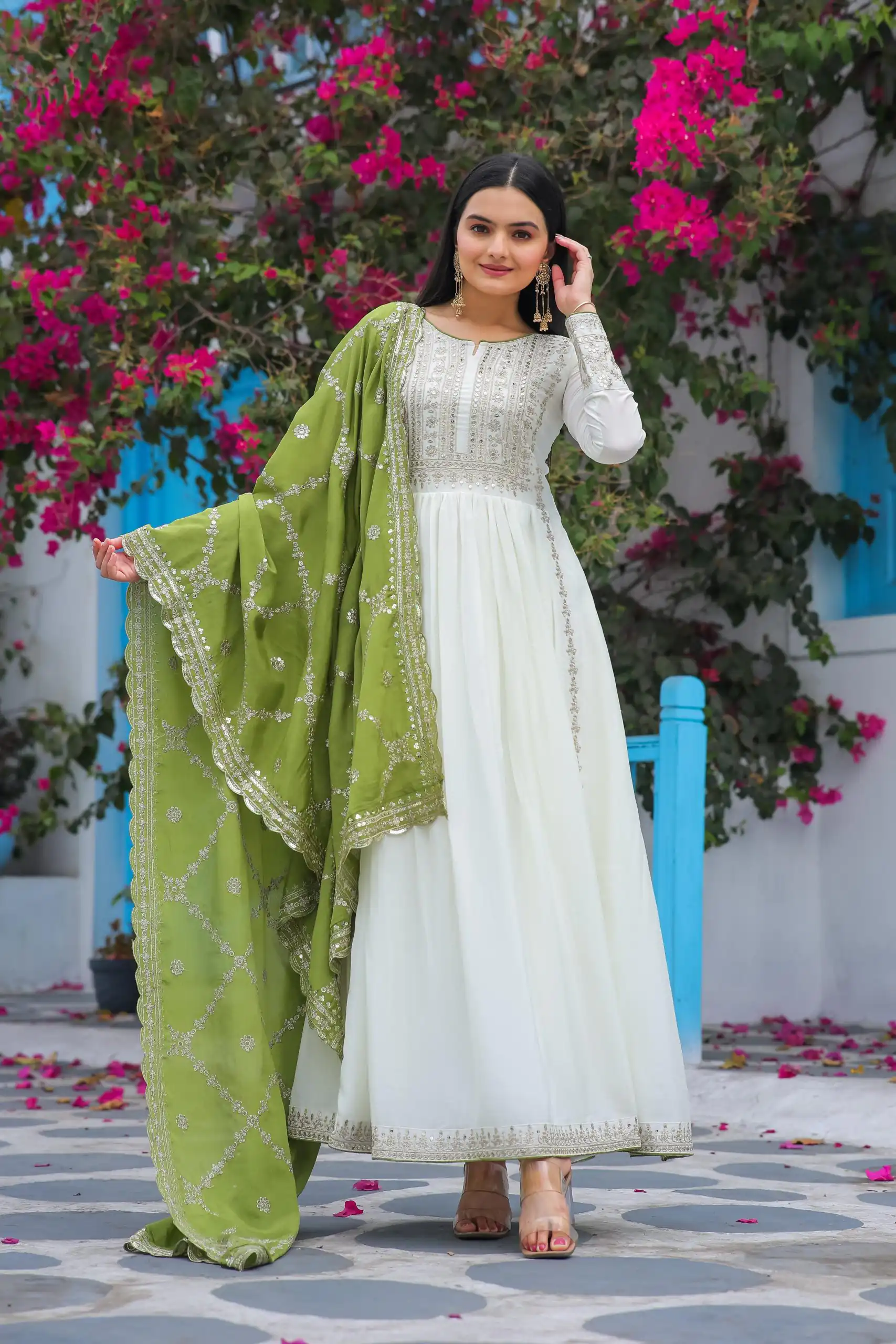 AD157 White & Olive Green Color Chinon Silk Embroidery Sequence Salwar Suit Wedding, Party, Festive, Events Expected Delivery 4-6 Working Days @ 2099/- | Salwar suit, Designer Suits, Casual Suits, Creative suits, Palazzo Suits, Party Wear Suits, Patiala Suits, Straight Suits