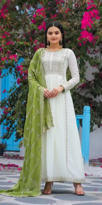 AD157 White & Olive Green Color Chinon Silk Embroidery Sequence Salwar Suit Wedding, Party, Festive, Events Expected Delivery 4-6 Working Days @ 2099/- | Salwar suit, Designer Suits, Casual Suits, Creative suits, Palazzo Suits, Party Wear Suits, Patiala Suits, Straight Suits