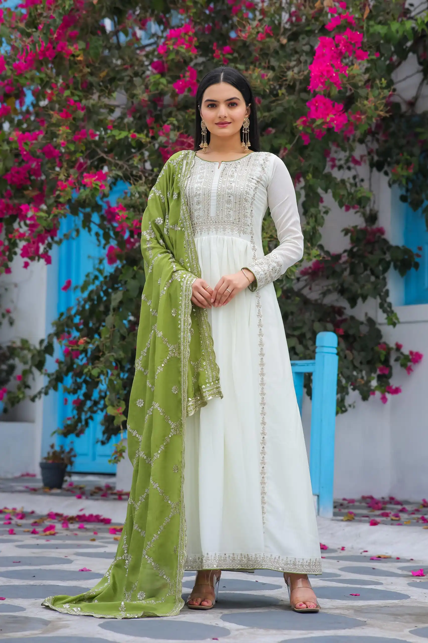 AD157 White & Olive Green Color Chinon Silk Embroidery Sequence Salwar Suit Wedding, Party, Festive, Events Expected Delivery 4-6 Working Days @ 2099/- | Salwar suit, Designer Suits, Casual Suits, Creative suits, Palazzo Suits, Party Wear Suits, Patiala Suits, Straight Suits
