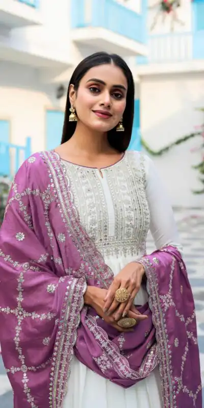 AD157 White & Purple Color Chinon Silk Embroidery Sequence Salwar Suit Wedding, Party, Festive, Events Expected Delivery 4-6 Working Days @ 2099/- | Salwar suit, Designer Suits, Casual Suits, Creative suits, Palazzo Suits, Party Wear Suits, Patiala Suits, Straight Suits