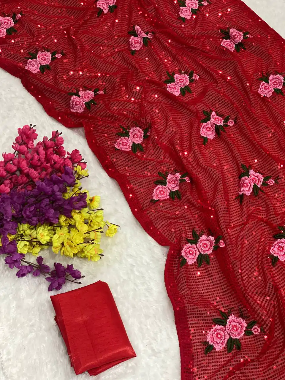 AC SEQUENCE Red Color Georgette Sequence Multi Thread Work Saree Casual, Wedding, Festive, Events Expected Delivery 4-6 Working Days @1899 /- | Sarees, Bollywood Sarees, Creative Sarees, Designer Sarees, Embroidered Sarees, Ethnic Saree, Modern Digital sarees, Party Wear Sarees