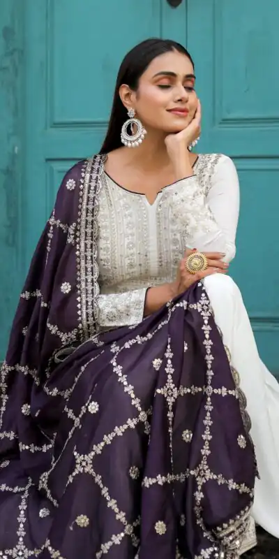 AD157 White & Violet Color Chinon Silk Embroidery Sequence Salwar Suit Wedding, Party, Festive, Events Expected Delivery 4-6 Working Days @ 2099/- | Salwar suit, Designer Suits, Casual Suits, Creative suits, Palazzo Suits, Party Wear Suits, Patiala Suits, Straight Suits