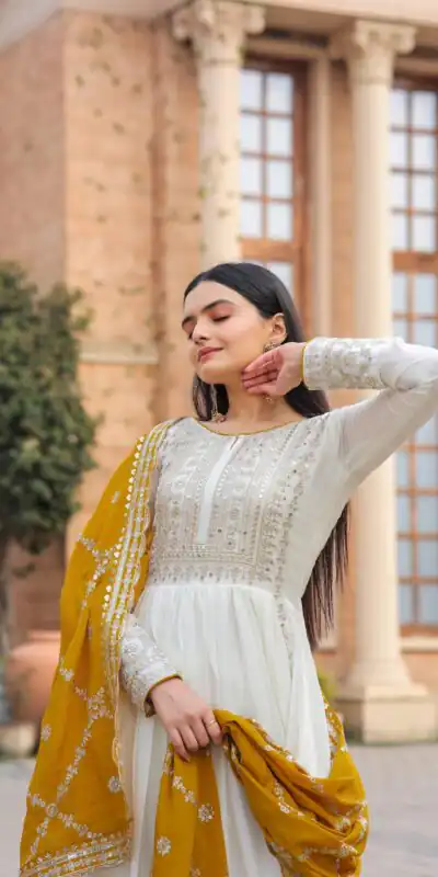 AD157 White & Yellow Color Chinon Silk Embroidery Sequence Salwar Suit Wedding, Party, Festive, Events Expected Delivery 4-6 Working Days @ 2099/- | Salwar suit, Designer Suits, Casual Suits, Creative suits, Palazzo Suits, Party Wear Suits, Patiala Suits, Straight Suits