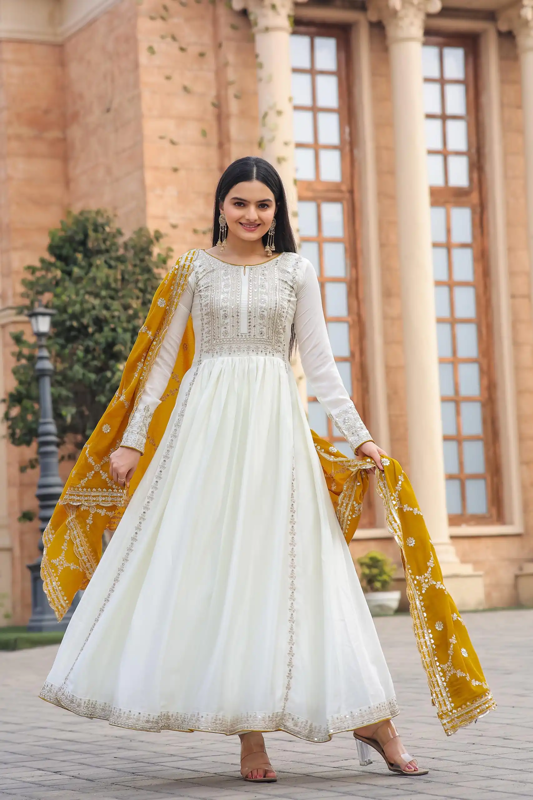 AD157 White & Yellow Color Chinon Silk Embroidery Sequence Salwar Suit Wedding, Party, Festive, Events Expected Delivery 4-6 Working Days @ 2099/- | Salwar suit, Designer Suits, Casual Suits, Creative suits, Palazzo Suits, Party Wear Suits, Patiala Suits, Straight Suits
