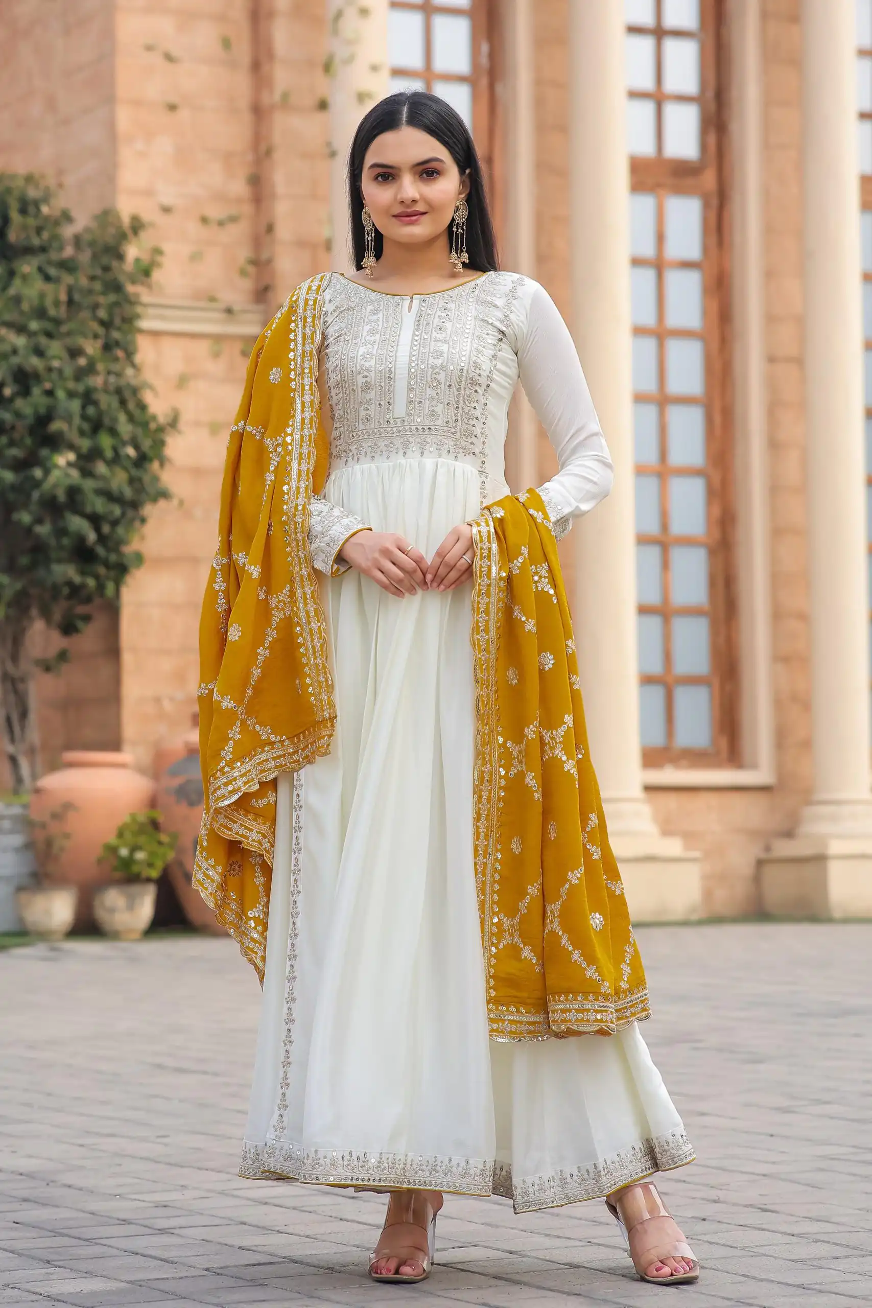 AD157 White & Yellow Color Chinon Silk Embroidery Sequence Salwar Suit Wedding, Party, Festive, Events Expected Delivery 4-6 Working Days @ 2099/- | Salwar suit, Designer Suits, Casual Suits, Creative suits, Palazzo Suits, Party Wear Suits, Patiala Suits, Straight Suits