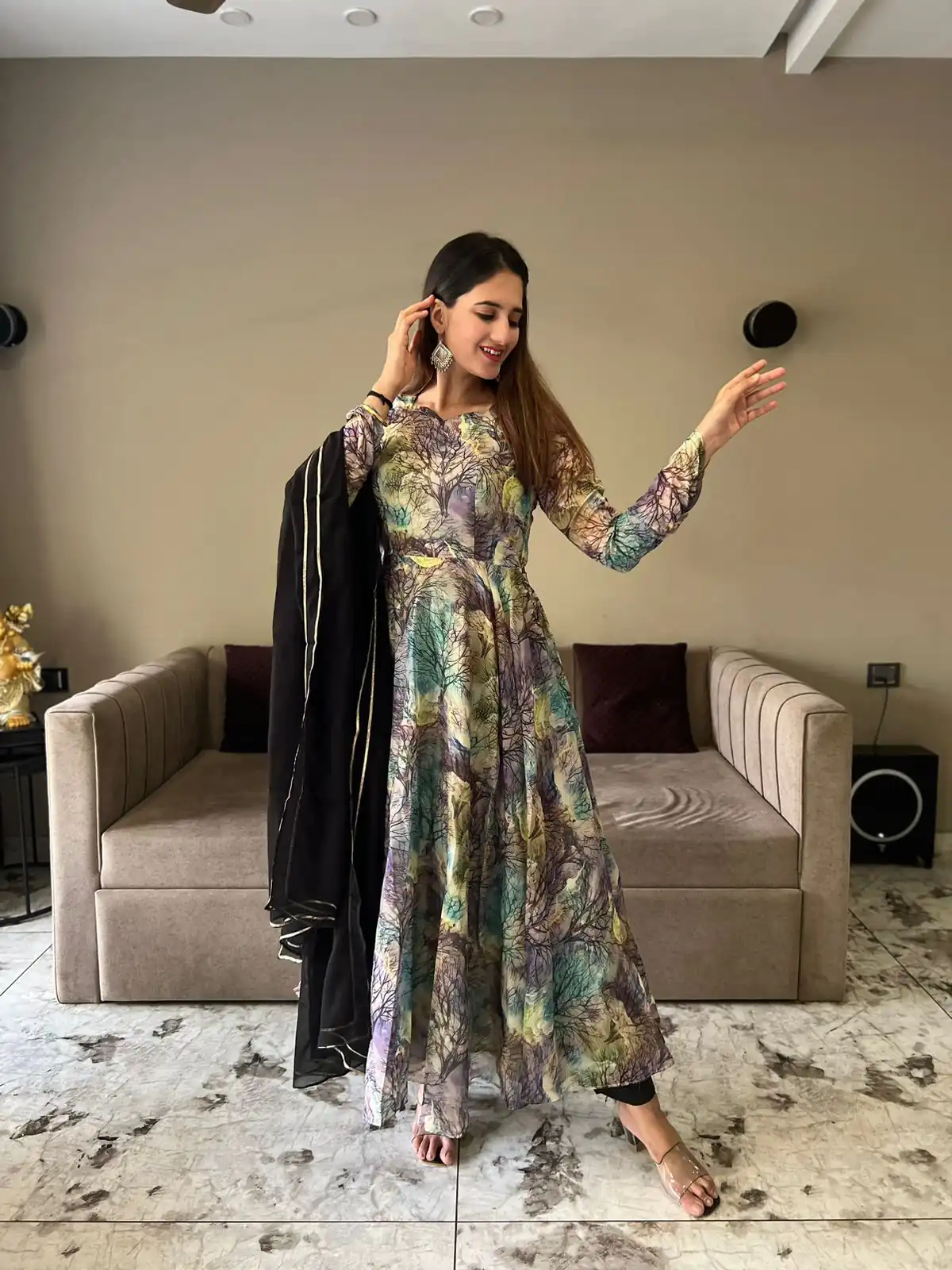 NF 1154 Grey color Tabhi Organza Material Digital Printed Anarkali Suit Casual, Wedding, Party, Festive, Events . Expected Delivery  4-6 Working Days @2049 | Anarkali Suits, Bollywood Anarkali, Creative-Anarkali, Designer Anarkali, Embroidered Anarkali, Party Wear Anarkali