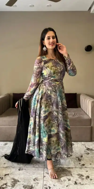 NF 1154 Grey color Tabhi Organza Material Digital Printed Anarkali Suit Casual, Wedding, Party, Festive, Events . Expected Delivery 4-6 Working Days @2049 | Anarkali Suits, Bollywood Anarkali, Creative-Anarkali, Designer Anarkali, Embroidered Anarkali, Party Wear Anarkali