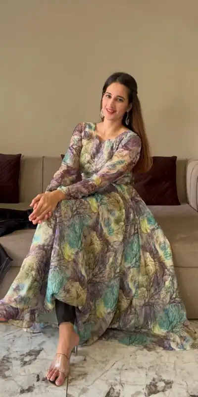 NF 1154 Grey color Tabhi Organza Material Digital Printed Anarkali Suit Casual, Wedding, Party, Festive, Events . Expected Delivery  4-6 Working Days @2049 | Anarkali Suits, Bollywood Anarkali, Creative-Anarkali, Designer Anarkali, Embroidered Anarkali, Party Wear Anarkali