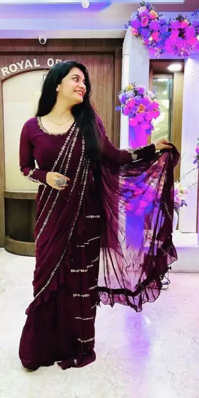 ST 1004 Purple Color Georgette Separate Ruffle Pallu Lehenga Saree Wedding, Party, Festive, Events Etc. Expected Delivery 4-6 Working Days @2099/- | Lehenga, Bollywood Lehenga, Creative Lehenga, Designer Lehenga, Embroidered Lehenga, Party Wear Lehenga
