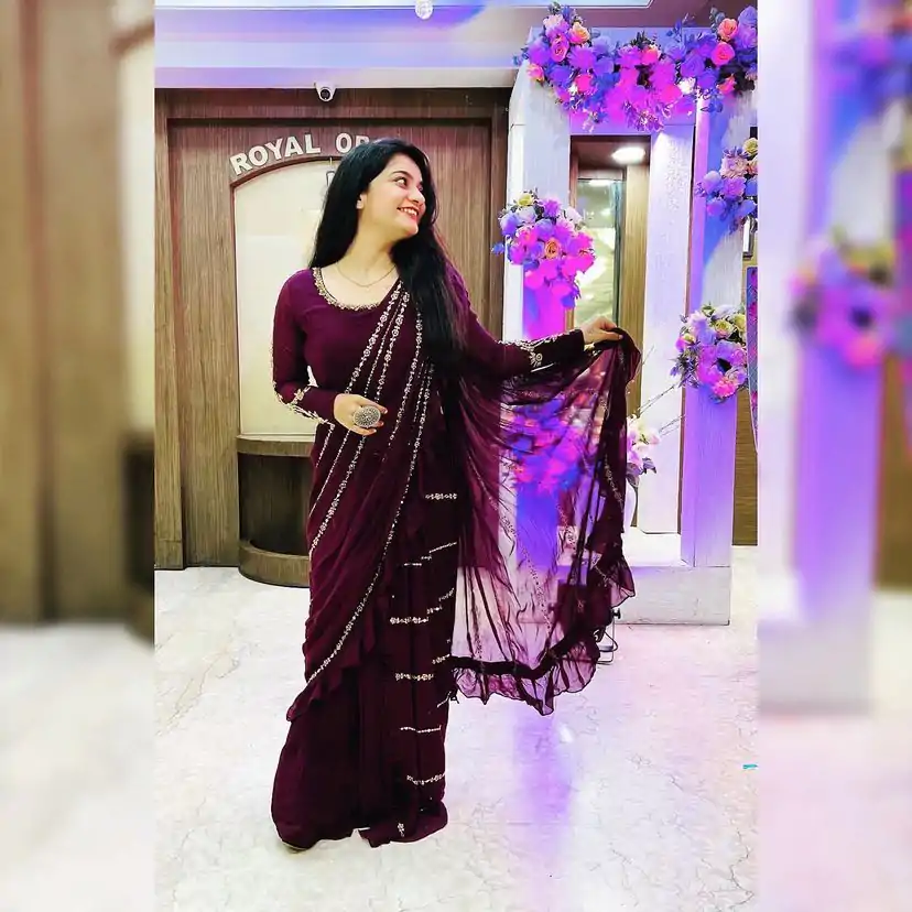 ST 1004 Purple Color Georgette Separate Ruffle Pallu Lehenga Saree Wedding, Party, Festive, Events Etc. Expected Delivery 4-6 Working Days @2099/- | Lehenga, Bollywood Lehenga, Creative Lehenga, Designer Lehenga, Embroidered Lehenga, Party Wear Lehenga