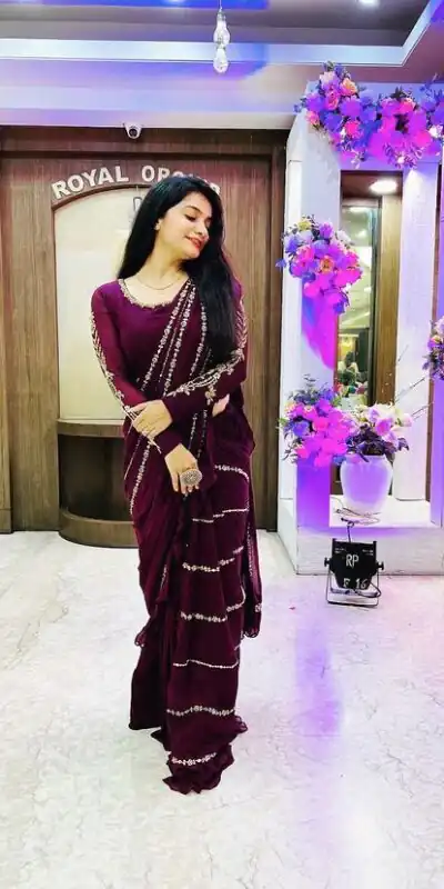 ST 1004 Purple Color Georgette Separate Ruffle Pallu Lehenga Saree Wedding, Party, Festive, Events Etc. Expected Delivery 4-6 Working Days @2099/- | Lehenga, Bollywood Lehenga, Creative Lehenga, Designer Lehenga, Embroidered Lehenga, Party Wear Lehenga