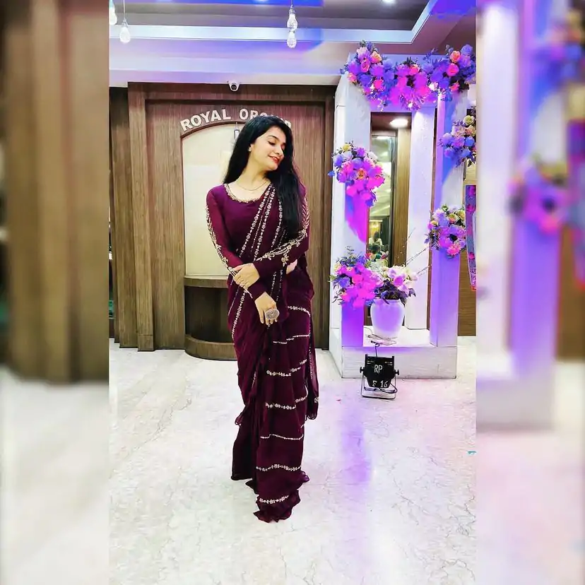 ST 1004 Purple Color Georgette Separate Ruffle Pallu Lehenga Saree Wedding, Party, Festive, Events Etc. Expected Delivery 4-6 Working Days @2099/- | Lehenga, Bollywood Lehenga, Creative Lehenga, Designer Lehenga, Embroidered Lehenga, Party Wear Lehenga