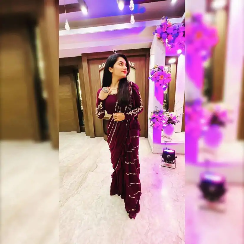 ST 1004 Purple Color Georgette Separate Ruffle Pallu Lehenga Saree Wedding, Party, Festive, Events Etc. Expected Delivery 4-6 Working Days @2099/- | Lehenga, Bollywood Lehenga, Creative Lehenga, Designer Lehenga, Embroidered Lehenga, Party Wear Lehenga