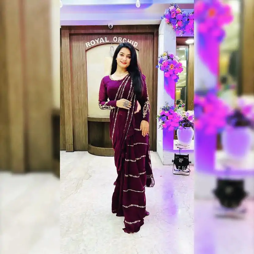 ST 1004 Purple Color Georgette Separate Ruffle Pallu Lehenga Saree Wedding, Party, Festive, Events Etc. Expected Delivery 4-6 Working Days @2099/- | Lehenga, Bollywood Lehenga, Creative Lehenga, Designer Lehenga, Embroidered Lehenga, Party Wear Lehenga